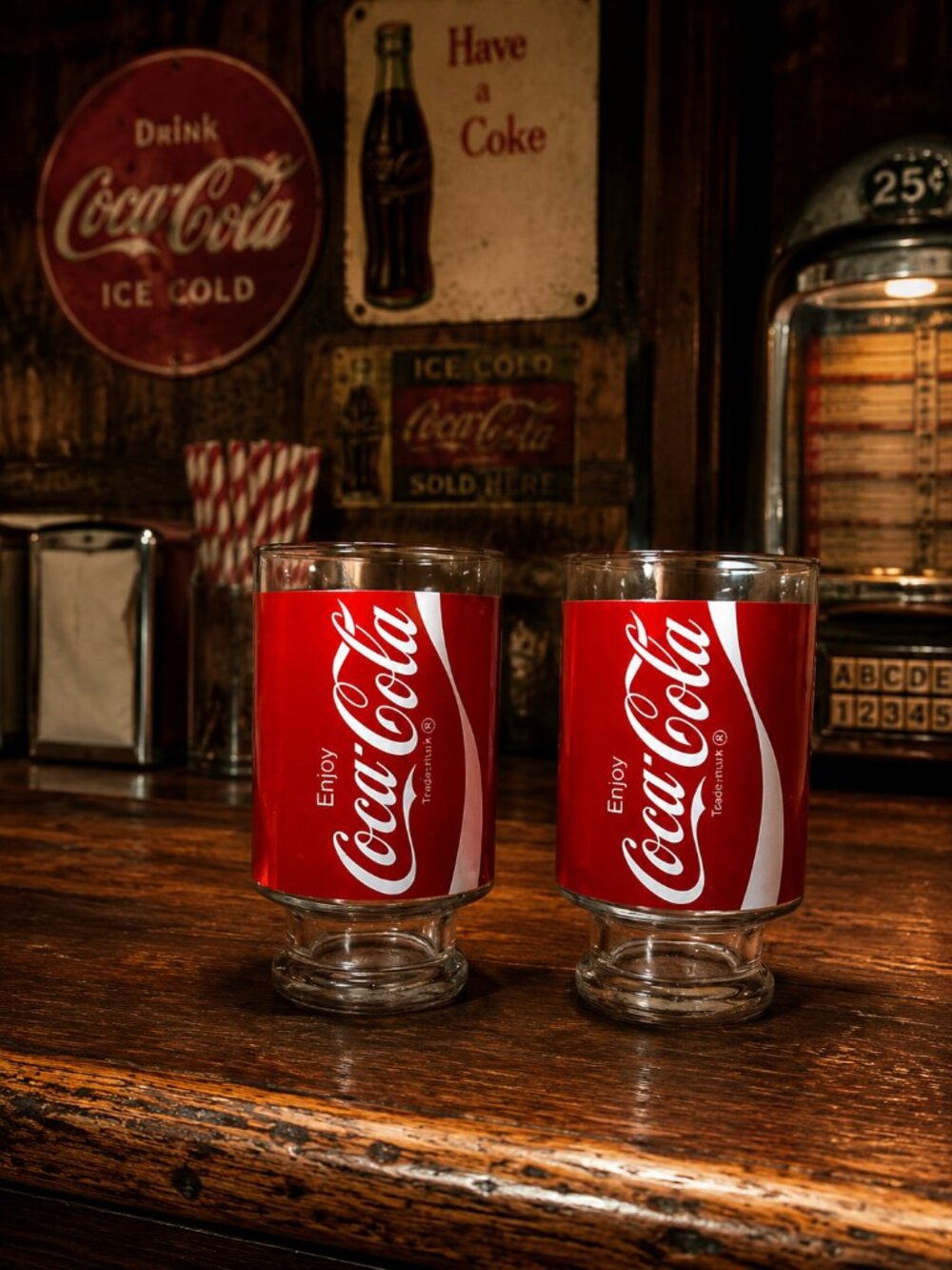 Retro Coca-Cola Pedestal Glasses Set of 2 Red Coke Tumblers 6.75”